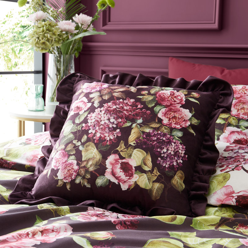 Pia Floral Frill Recycled Polyester Velour Cushion Floral Purple Square Cushion Cover