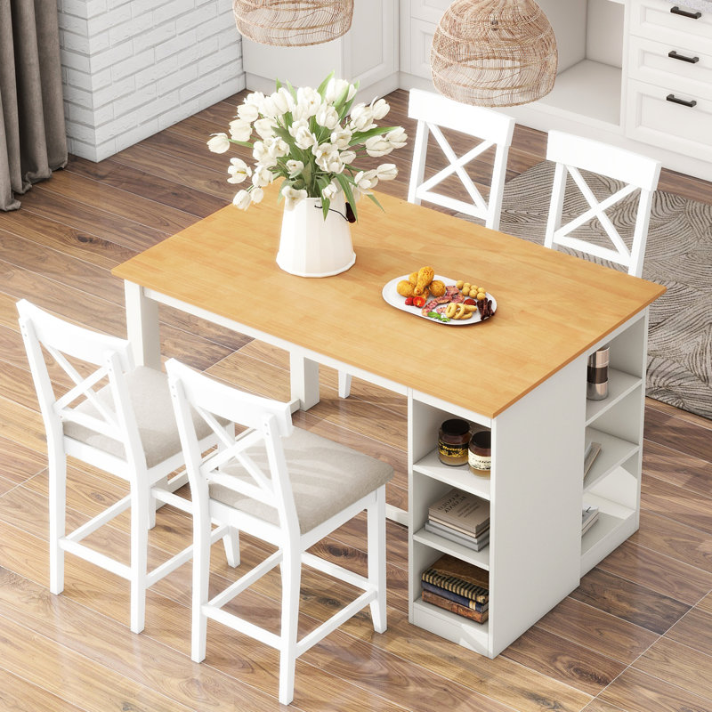 Table de salle à manger en bois massif avec 3 rangements, 4 chaises rembourrées, une table et des tablettes de rangement