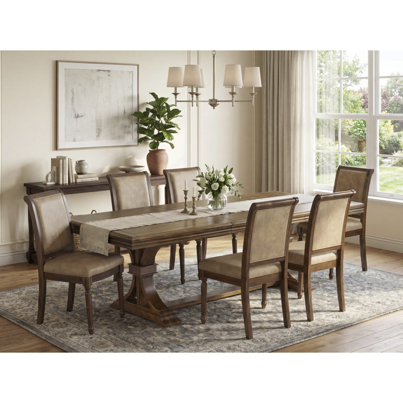 L'ensemble de table de cuisine 7 pièces comprend une table de salle à manger moderne et 6 chaises de salle à manger en similicuir beige avec dossier haut - finition noyer antique