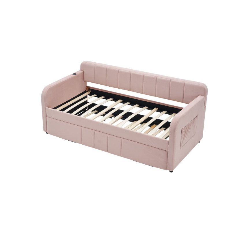 Velvet Upholstered Storage Daybed with Trundle,Side Pocket, Pink