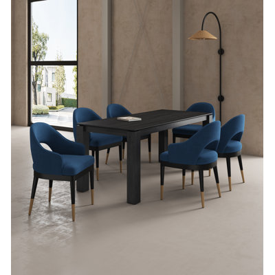 Carrington and Rockaway 7-Piece Modern Solid Wood Dining Set with Velvet Upholstered Chairs in Midnight Blue and Black