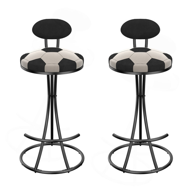 Ensemble de 2 tabourets de bar rembourrés en forme de S avec tabouret de bar rond en velours et imprimé football pour la cuisine et le salon (structure noire et dossier noir)