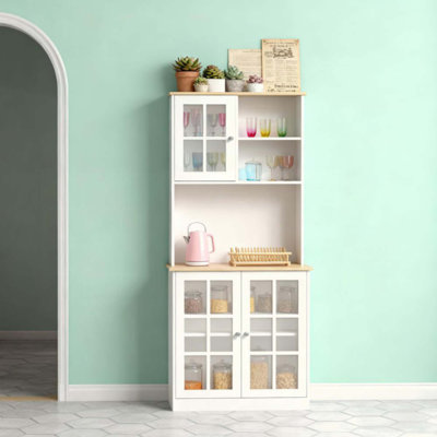 Grande armoire de cuisine de comptoir, armoire de rangement autoportante avec huche, portes en verre et tablettes réglables