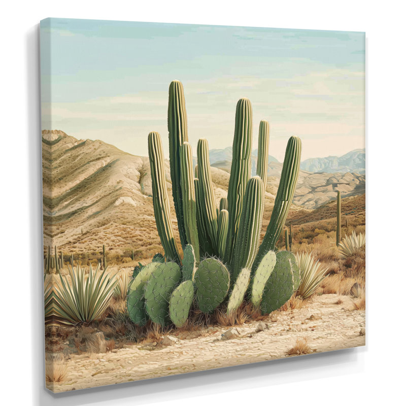 Cactus et les montagnes du désert III - Cactus grand, art mural, H 30 po x l 30 po, Toile tendue, Ne s’applique pas