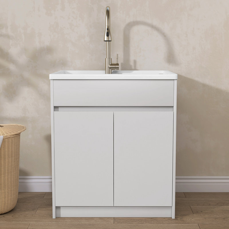 Getpro 30 in. Freestanding Solid Surface Laundry Utility Sink with Faucet and Cabinet
