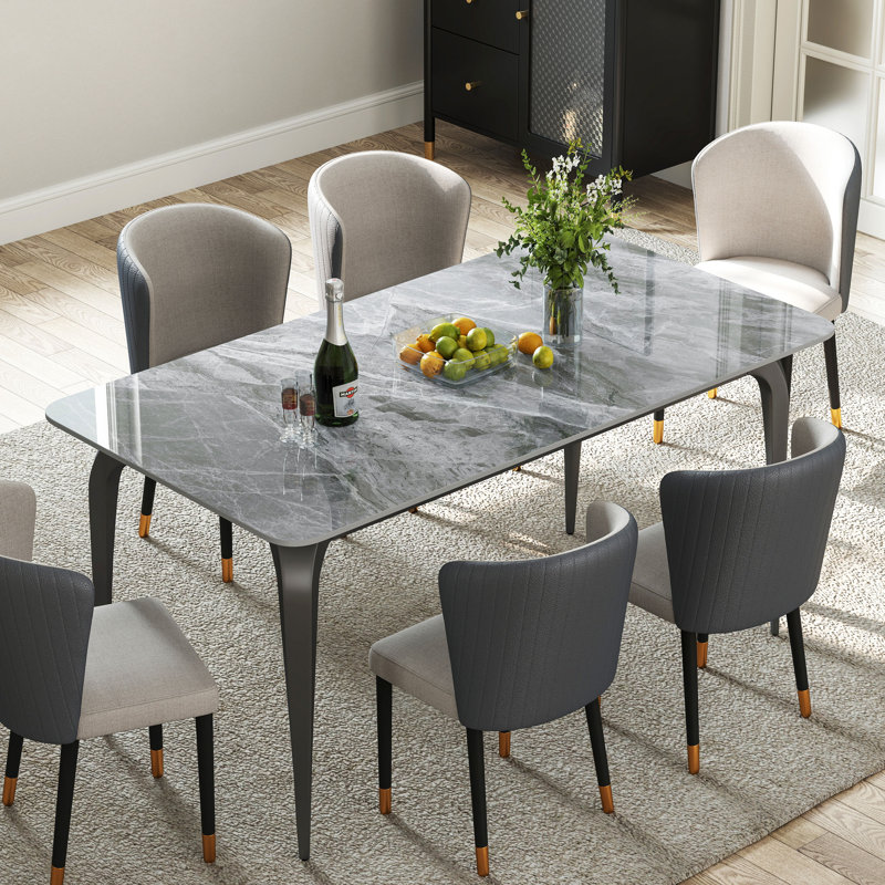 Krystah Rectangular Large Corner of Sintered Stone Ceramics Dining Table with Metal legs, 29" H x 59" L x 32" W, Grey