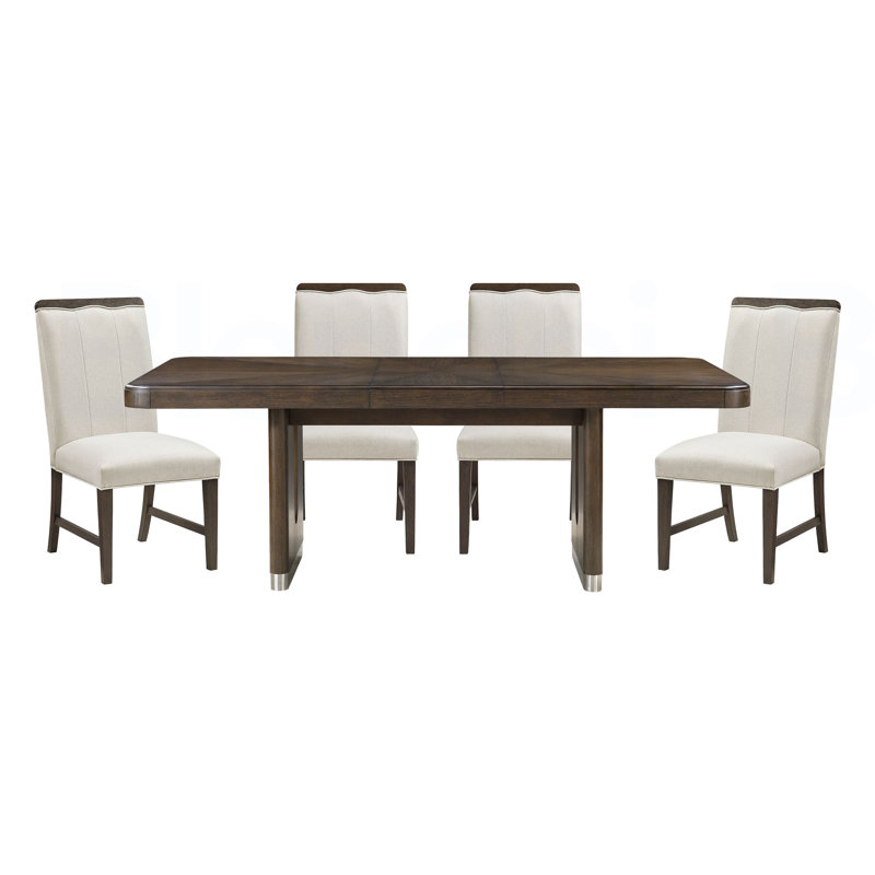 Table de salle à manger moderne à finition brune 5 pièces avec 4 chaises d'appoint et rembourrage beige, Pièce en 5