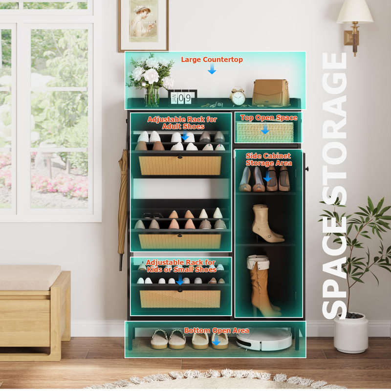 Shoe Cabinet with 3 Drop-Down Compartments and 4-Tier Shelf