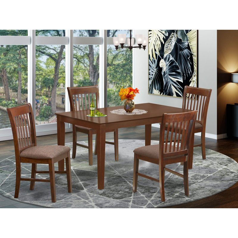 5 Piece Kitchen Table & Chairs Set Includes a Rectangle Dining Room Table and 4 Linen Fabric Upholstered Dining Chairs, 36x60 Inch, Mahogany