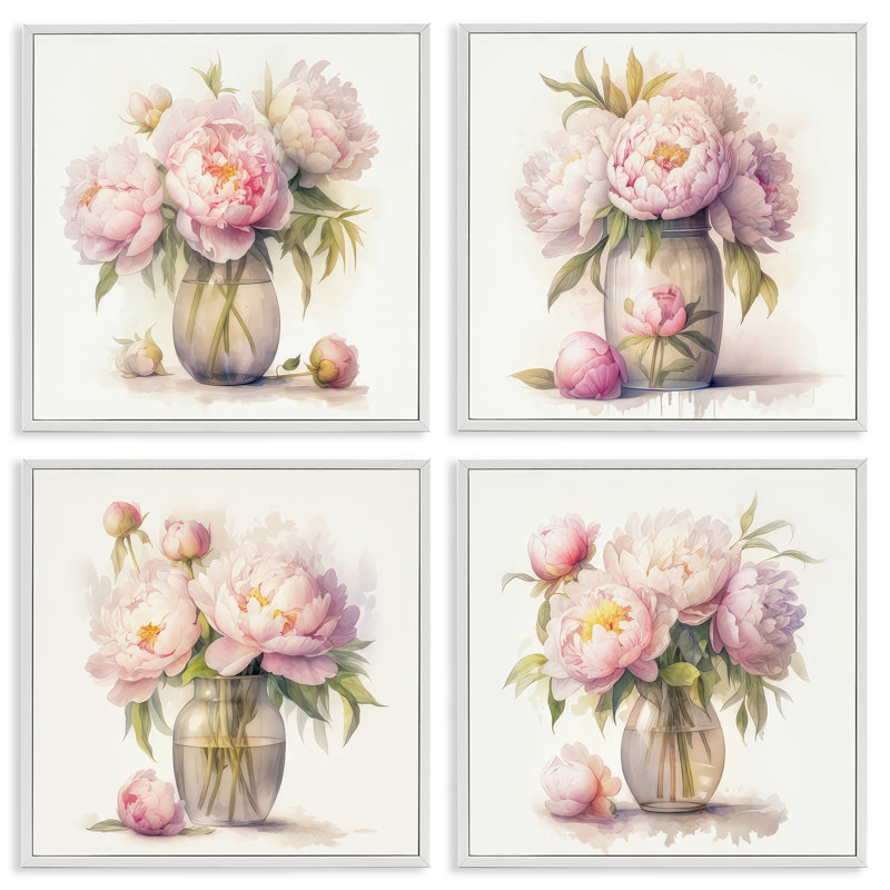 Jolies pivoines roses, ensemble de 4 giclées par LSR Design Studio, Cadre blanc, H 12 po x l 12 po