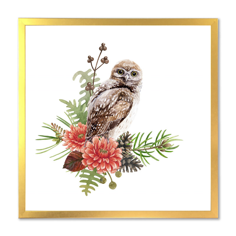 Chouette sur une branche - reproduction d'art sur toile traditionnelle, Cadre doré, H 16 po x l 16 po x P 1 po