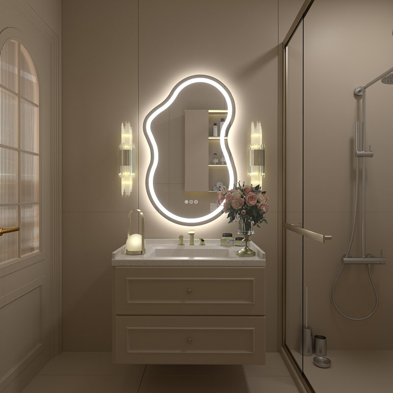 Aevar Asymmetrical LED Lighted Wall Mirror, 32" x 20"