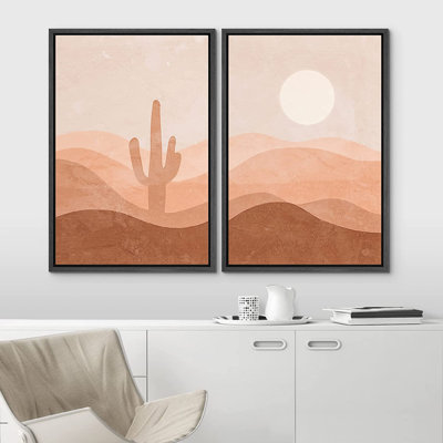 Sun And Moon " Cactus Shining Sun Desert Valley Landscape " 2 - Pieces