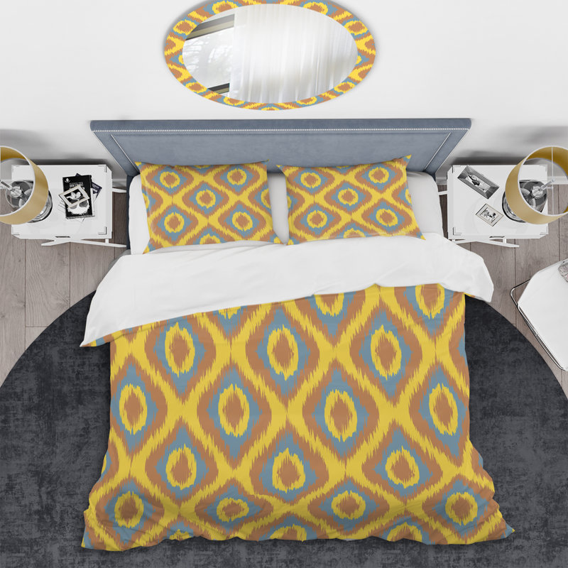 Ensemble de housse de couette à motif jaune Ikat Ogee, Housse de couette pour très grand lit et 2 très