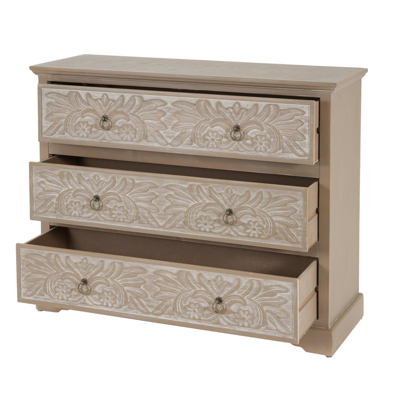 Loegan Wooden Dresser With 3 Drawers & Floral Carved Accents, Light Ash/White
