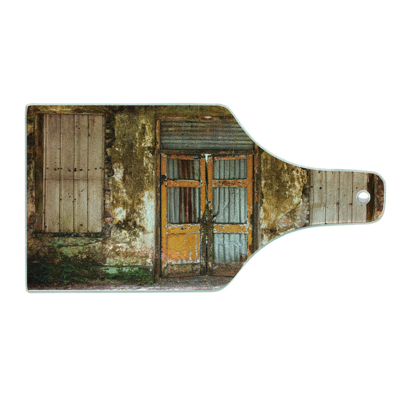 Ambesonne Rustic Tempered Glass Cutting Board Grunge Old Door Multicolor
