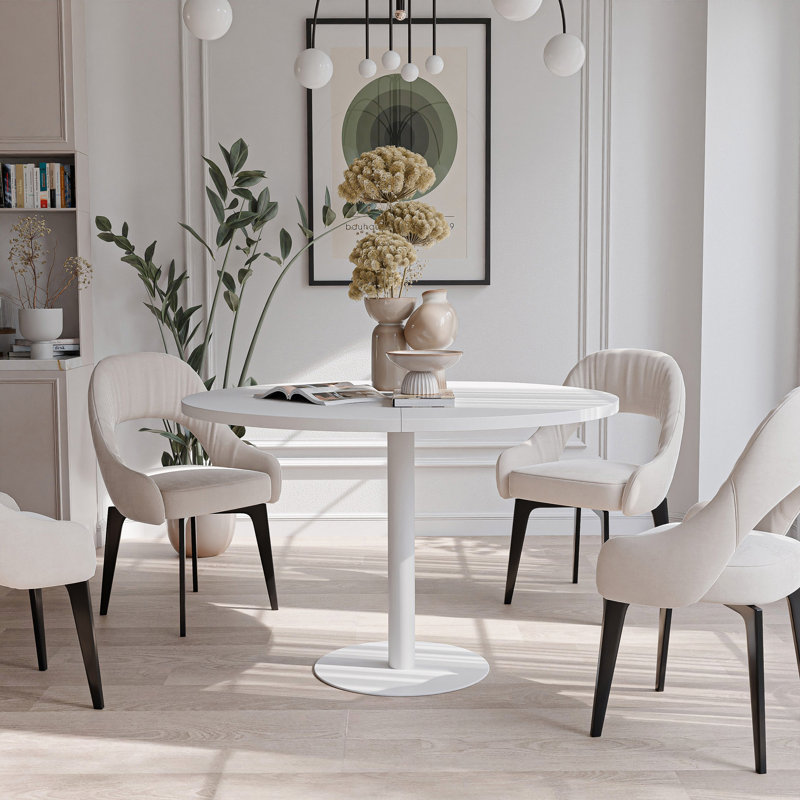 Extendable Round Dining Table, Arctic White, White