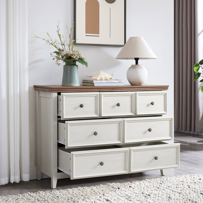 Armoire de salon 7 tiroirs beige - Rangement élégant et fonctionnel avec 7 tiroirs et dispositif de basculement