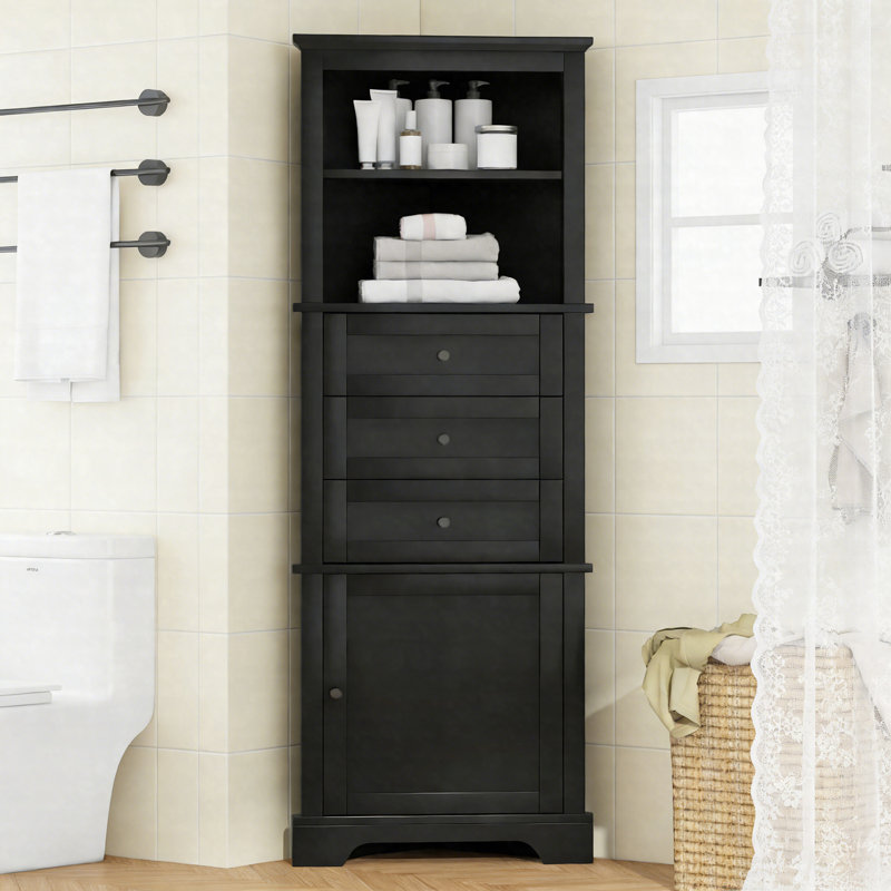 Triangle Tall Corner Cabinet With 3 Drawers And Adjustable Shelves, MDF Storage Cabinet For Bathroom, Kitchen, Or Living Room