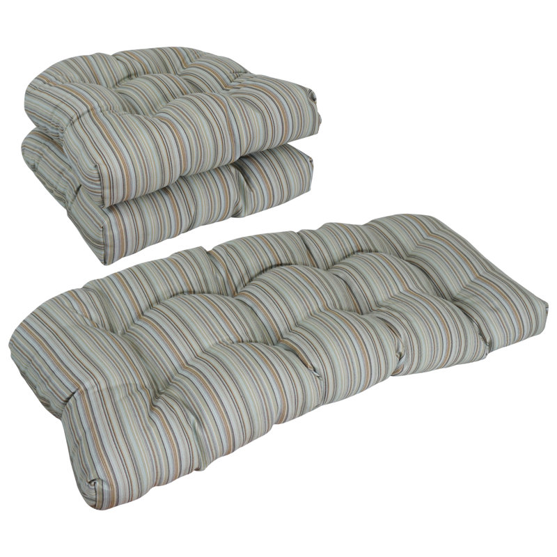 Rounded Back Solid Woven Olefin Settee Cushion Set (Set Of 3), Green;Blue;Beige;Multi-Colored Striped