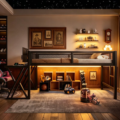 Lit mezzanine simple pour lit très grand avec bureau à pieds en forme de X, escalier et garde-corps en filet, cadre de lit mezzanine en métal avec lumières DEL et ports USB, lit mezzanine peu encombrant pour les dortoirs et les jeux, noir.