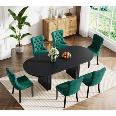 Extendable Dining Table Set, Rustic Oval Dining Room Table & Velvet Dining Chairs with Wood Leg, 62.99" -78.74" Dining Table and Chairs Set, Modern Di