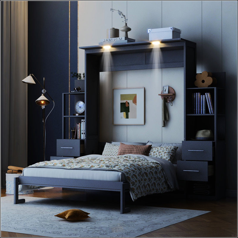 Grand lit escamotable mural avec tablettes, Gris, Grand lit