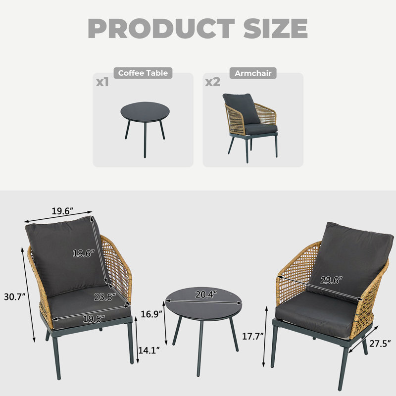 Ensemble bistro en osier 3 pièces pour conversation avec 3 chaises