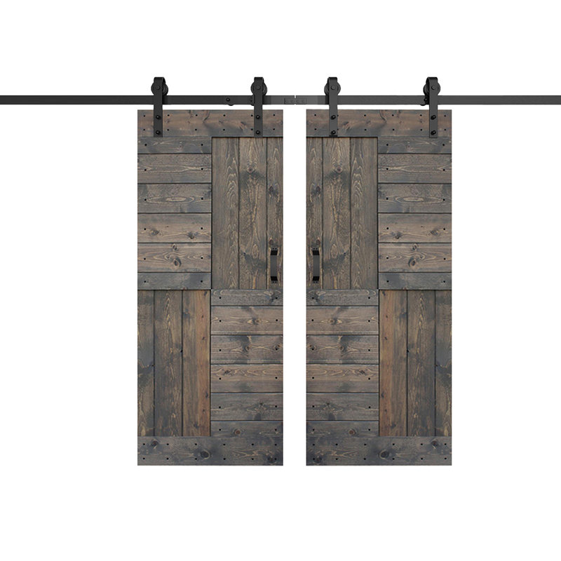 Porte de grange coulissante double en bois massif avec trousse de quincaillerie brevetée S Series - assemblage requis