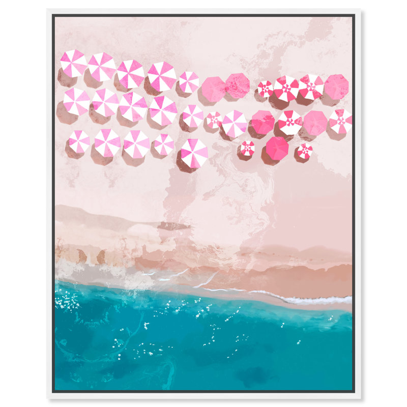 Parasol de plage rose, été bleu océan côtier Glam - peinture, H 36 po x l 30 po x P 1,75 po, Cadre flottant en bois blanc