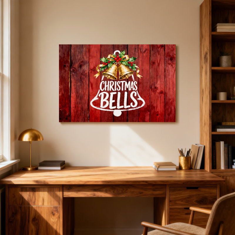 Cloches de Noël sur fond de bois rouge, H 12 po x l 18 po