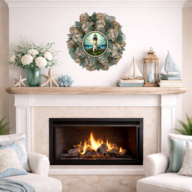 Nautical Coastal Mosaic Look Turquoise Lighthouse Wreath