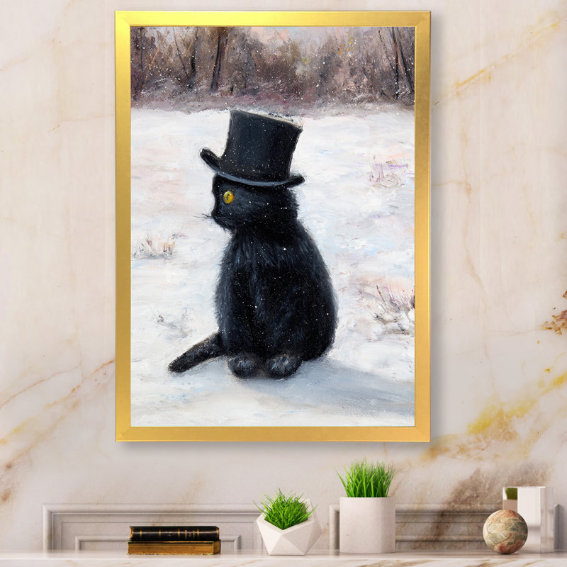 Chapeau de chat noir en hiver - décoration murale pour enfants, H 40 po x l 30 po x P 1,5 po, Cadre doré