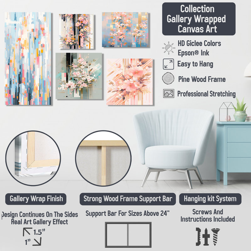 Fleurs de cerisier modernes roses "Bold Stripes I" - ensemble d'art mural sur toile cerise de 5, Toile tendue