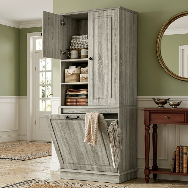 Tall Storage Cabinet with Adjustable Shelves, Large Flip-Out Basket & Enclosed Cabinets – Perfect for Bathroom, Living Room, or Office, MDF Material with Aluminum Alloy Handles