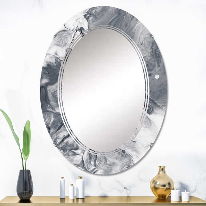 White Grey Liquid Marble Waves Wall Mirror, Modern Oval - White And Grey Liquid Marble Waves, 36" x 24"