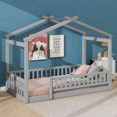 Charming Rustic Twin-Size Wooden Bed Frame With Fence-Like Design