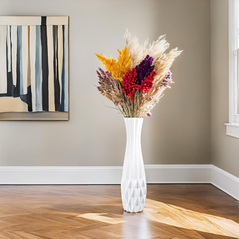 Tall White Ceramic Floor Vase For Modern Home Decor, Unique Origami Design, Handcrafted For Stability And Elegance