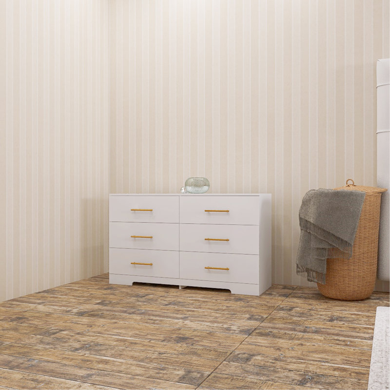 Large 6 Drawers Chest Of Drawer Dressers Table With Golden Handle, White
