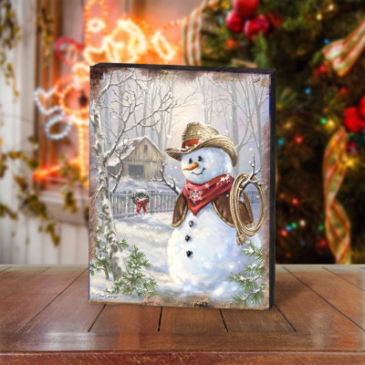 Bloc de bois bonhomme de neige cowboy Mualla