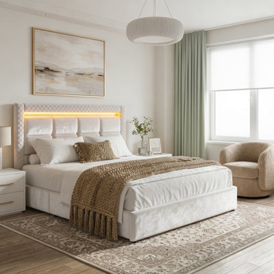 Hydraulic Lift Up Upholstered Storage Bed with LED Light and 2 Underbed Drawers, Velvet Platform Bed, No Box Spring Needed