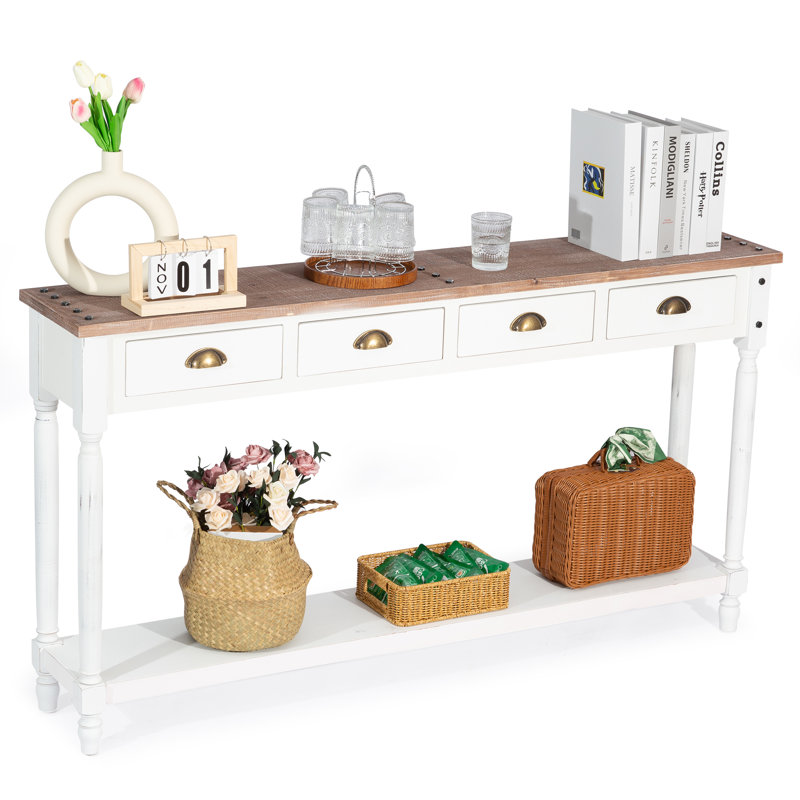 Dala 60"W Rustic Farmhouse Solid Wood Console Table with 4 Drawers and Storage，Vintage White Color,Long Farmhouse Entryway & Sofa Table for Hallway, Foyer