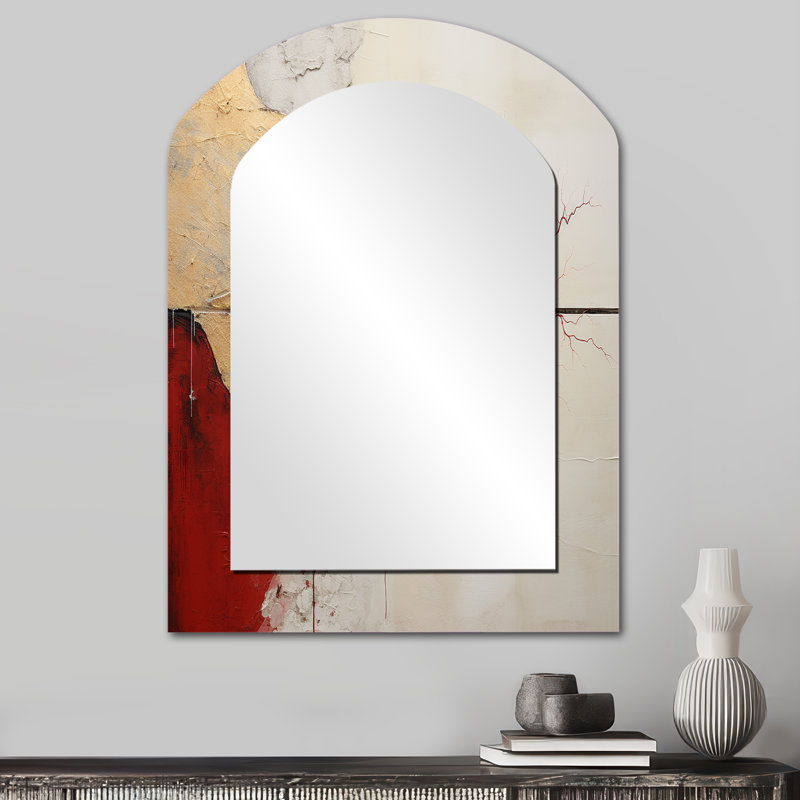 Minimalism Red And Gold Horizon - Abstract Painting Asymmetrical Large Wall Mirror, Modern Arch Unique Mirror, Printed Metal Art