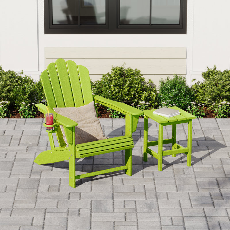 Outdoor Poly Adirondack Chair With Side Table, Lime Green