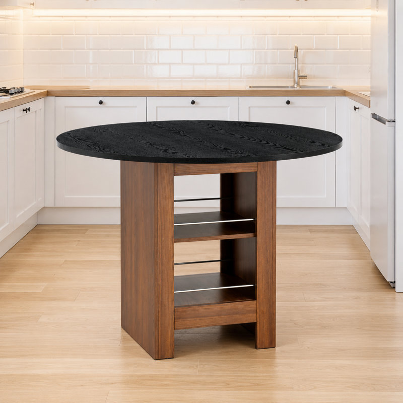 Table de salle à manger ronde avec tablettes de rangement à deux couches, structure robuste et stable, patins antidérapants, hauteur de salle à manger standard