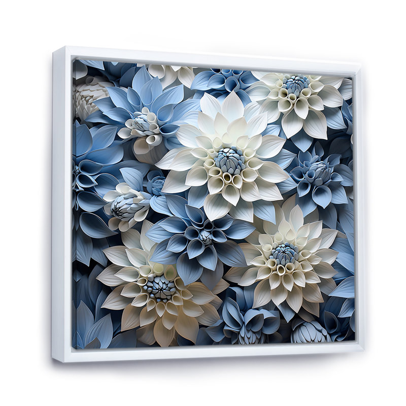 «Blue and White Dahlia Blossom Delight II», reproduction sur toile, Cadre flottant blanc, 36" H x 36" W