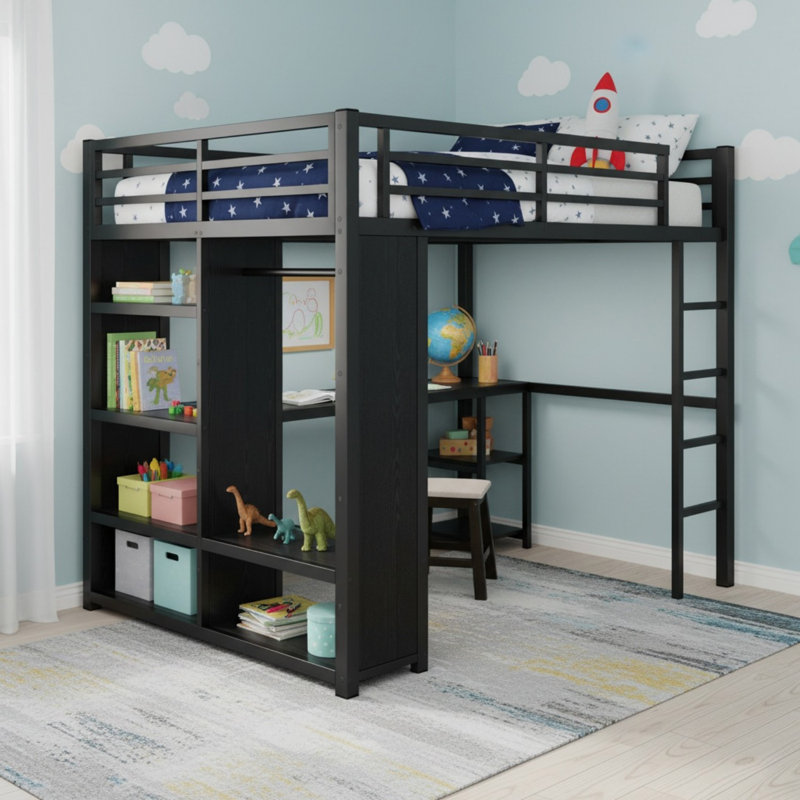 Queen Size Loft Bed Frame with Built-in Wardrobe, Metal Loft Bed with Desk and Storage Shelves for Bedroom, Black