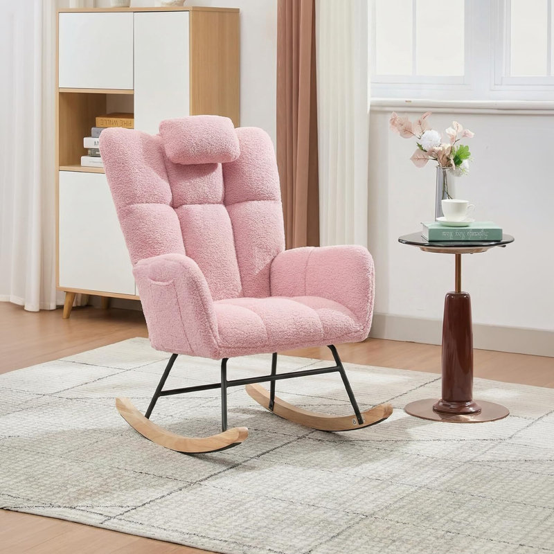 Chaise berçante moderne avec structure en bois d'hévéa, fauteuil inclinable à oreilles avec poche latérale, capacité de 250 lb