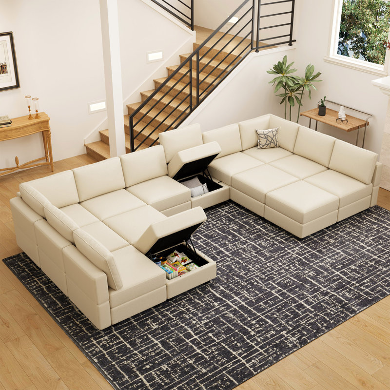 Ancram Oversized 14-Seats U Shaped Sofa Storage Sleeper Faux Leather Memory Foam Couch Adjustable Backrest Modular Sofa for Livingroom
