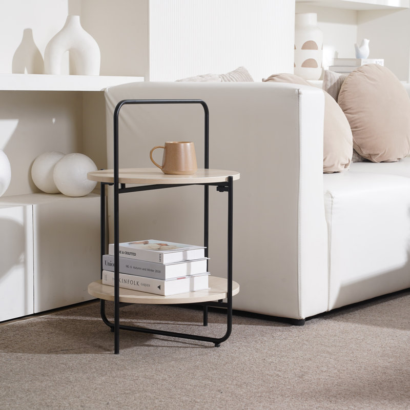 Mijas 2 Tier Storage Shaelves Round End/Side Table with Handle for Living room, Bedroom, Beige